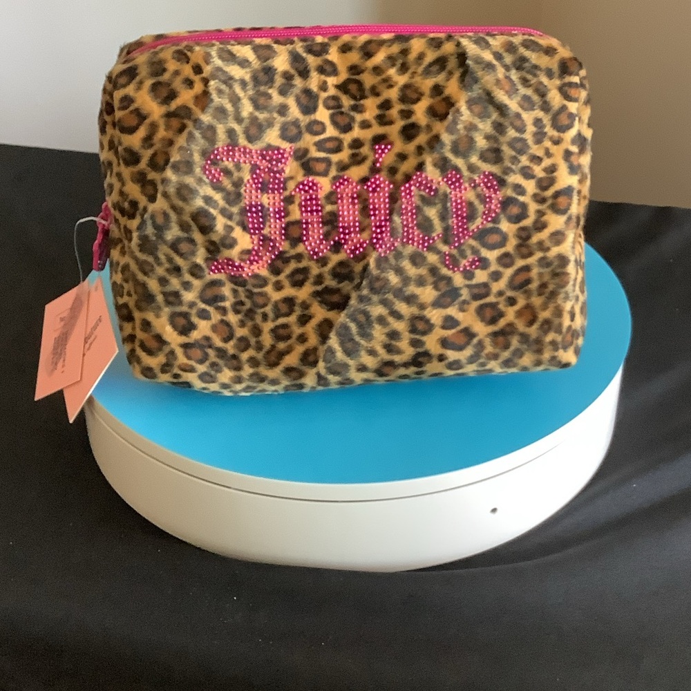 Juicy Couture Leopard Print Cosmetic Bag with Pink Rhinestone Logo